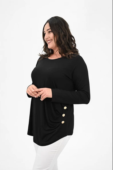 Kadın Büyük Beden Uzun Kollu Düğme Detaylı Bluz 1863-25 - 5