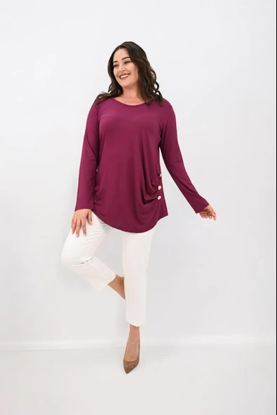 Kadın Büyük Beden Uzun Kollu Düğme Detaylı Bluz 1863-25 - 9