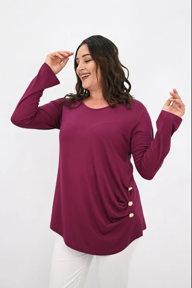 Kadın Büyük Beden Uzun Kollu Düğme Detaylı Bluz 1863-25 - 10