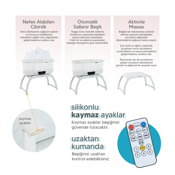 Huggy 4 in 1 Cozy Terazi Özellikli Bluetooth Müzikli Kumandalı Portatif Otomatik Sallanabilir Beşik - 11