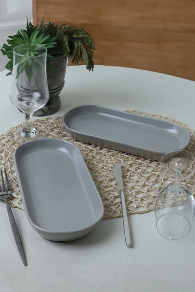 Keramika Mat Gri Noyan Kayık Tabak 26 Cm 2 Adet 995 - Resim 1