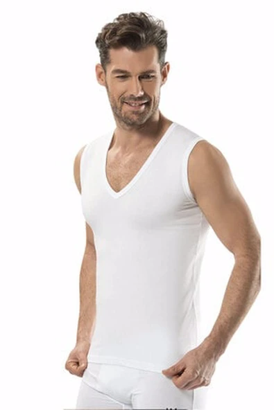 Jiber Erkek V Yaka Likralı Kolsuz Atlet 3'lü Paket - 117  Beyaz M - Resim 3