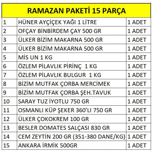 RAMAZAN PAKETİ ERZAK YARDIM KOLİSİ PAKETİ 15 PARÇA - 2