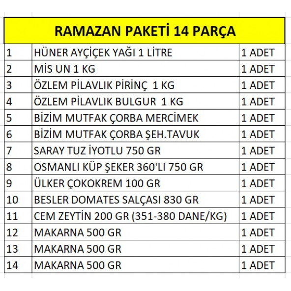 RAMAZAN PAKETİ ERZAK YARDIM KOLİSİ PAKETİ 14 PARÇA - 2