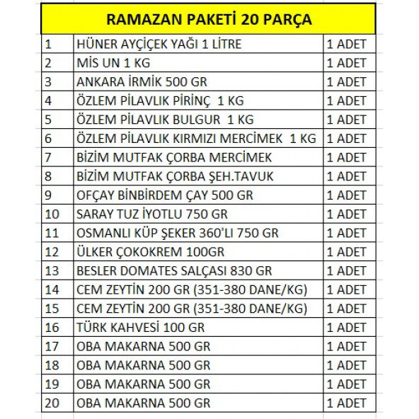 RAMAZAN PAKETİ ERZAK YARDIM KOLİSİ PAKETİ 20 PARÇA - 2