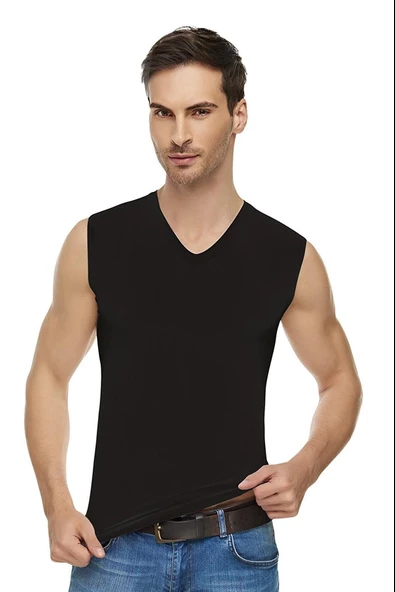 Tutku Elit Erkek Elastan V Yaka Sıfır Kol Atlet 1305 - 3 Adet  Siyah 2XL