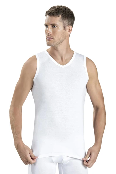 Jiber Erkek V Yaka Sıfır Kol Pamuklu Fanila Atlet 123 - 9 Adet  Beyaz 2XL - Resim 3