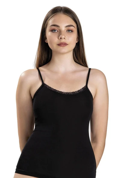 Jiber Kadın Modal Önü Dantelli İp Askılı Atlet 613 - 9 Adet  L Ekru - Resim 6