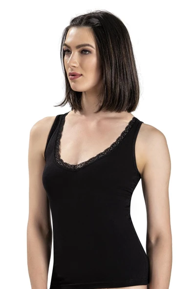 Jiber Kadın Modal Dantelli V Yaka Geniş Askılı Atlet 617 - 12 Adet  Beyaz S - Resim 4