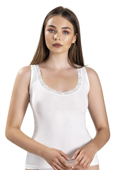 Jiber Kadın Modal Dantelli V Yaka Geniş Askılı Atlet 617 - 6 Adet  Siyah L - Resim 5