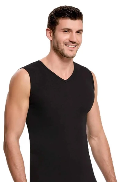 İlke Erkek V Yaka Kolsuz Badi Fanila Atlet 1008-1009 - 6 Adet  Siyah 2XL - Resim 2