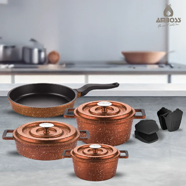 Amboss 7 Parça Copper Döküm Tencere Seti (Bakır - Kırçıllı)