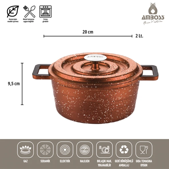 Amboss 7 Parça Copper Döküm Tencere Seti (Bakır - Kırçıllı) - 3