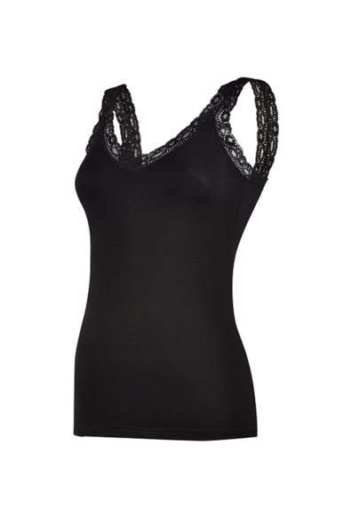 Yıldız Bayan Askıları Dantelli V Yaka Likralı Atlet  Beyaz 2XL - Resim 5