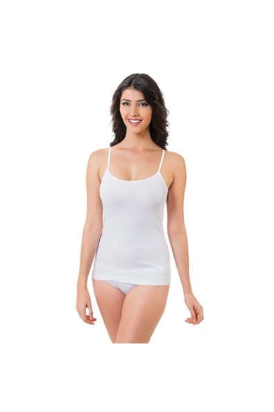 Gümüş Kadın Ribana İp Askılı Düz Biyeli Atlet 3008 - 6 Adet   Beyaz 2XL