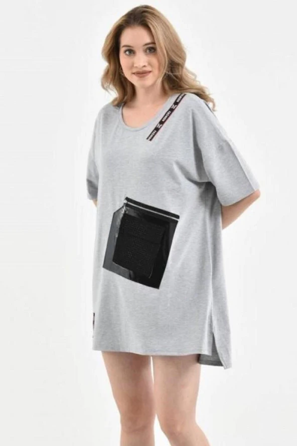 Yuvarlak Yaka Şeritli Taşlı ve Fermuarlı Cep Detaylı Gri Kadın Bluz - 2