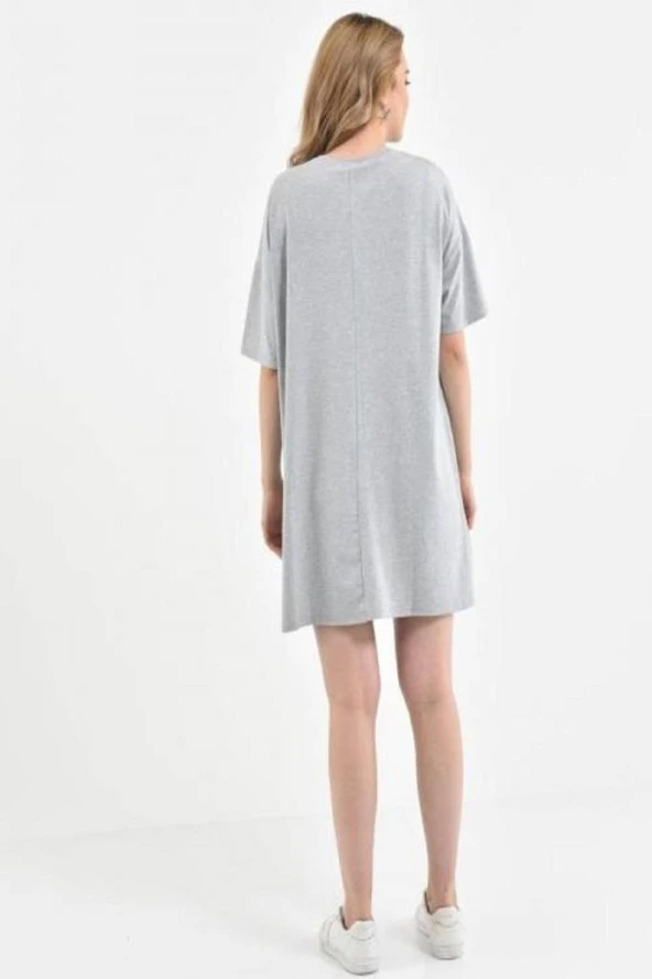 Yuvarlak Yaka Şeritli Taşlı ve Fermuarlı Cep Detaylı Gri Kadın Bluz - 5