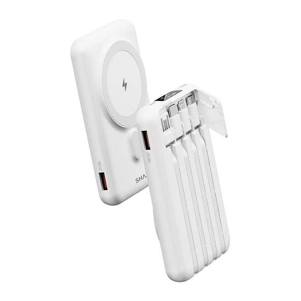 SHAZA 10.000 Mah Kendinden Kablolu Magsafe Taşınabilir Şarj Cihazı Beyaz