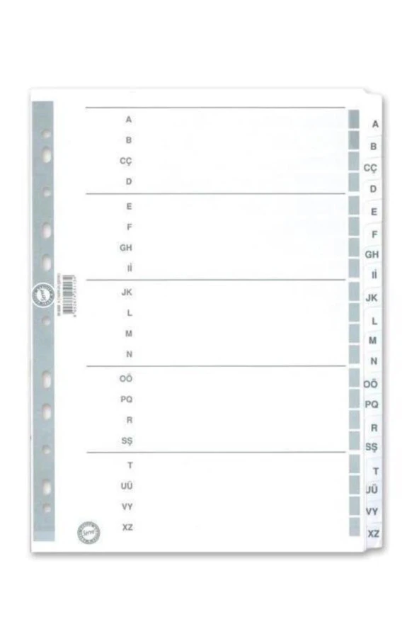 Serve Seperatör A-Z Kağıt A4 Alfabetik Karton Ayraç (1 Paket 15 Adet)