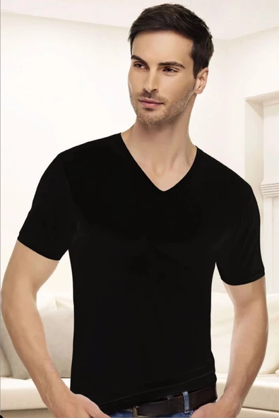Tutku Elit Erkek V Yaka Likralı Kısa Kol Fanila Atlet 1303 - 3 Adet  Siyah 2XL - Resim 2