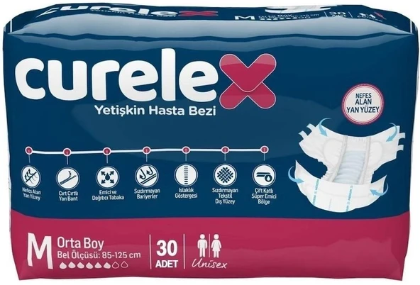 Curelex Hasta Bezi Yetişkin Bel Bantlı Tekstil Yüzey M-Orta Boy 30 Adet Tekli Pk