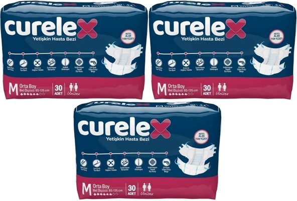 Curelex Hasta Bezi Yetişkin Bel Bantlı Tekstil Yüzey M-Orta Boy 90 Adet Tekli Pk (3PK*30)