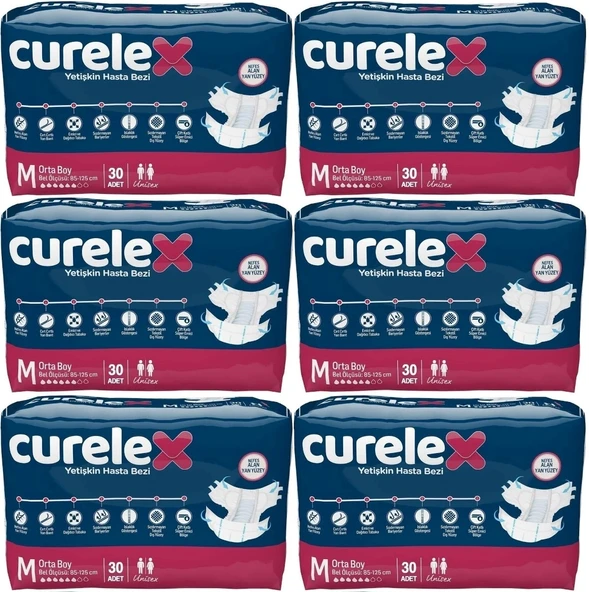 Curelex Hasta Bezi Yetişkin Bel Bantlı Tekstil Yüzey M-Orta Boy 180 Adet Tekli Pk (6PK*30)