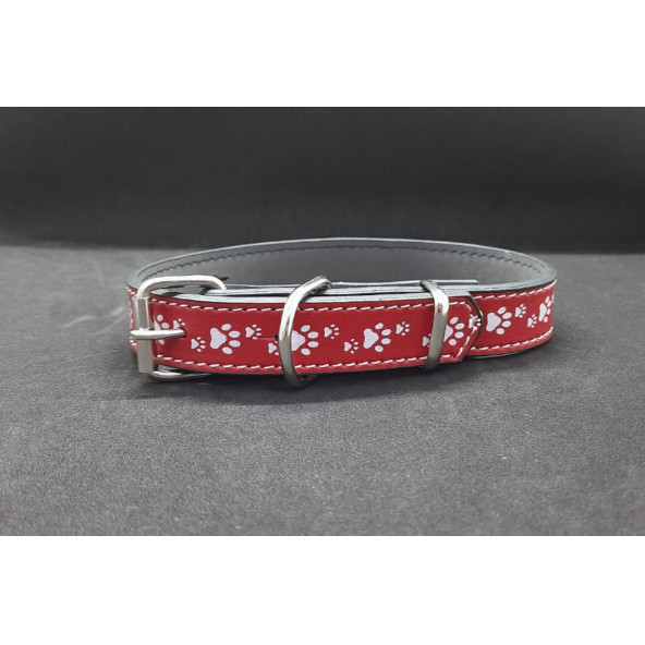 Zekton Ayarlanabilir Kırmızı Suni Deri Pati Desenli Küçük Irk Tasması - 2