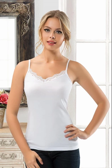 Anıt Kadın İnce Askılı Yakası Dantelli  Atlet 2809- 3Adet  Beyaz M ürün görseli