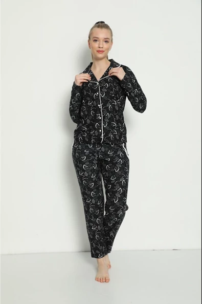 Pijamoni Kadın Süet Boydan Düğmeli Pijama Takımı - 5660-16  XL Siyah