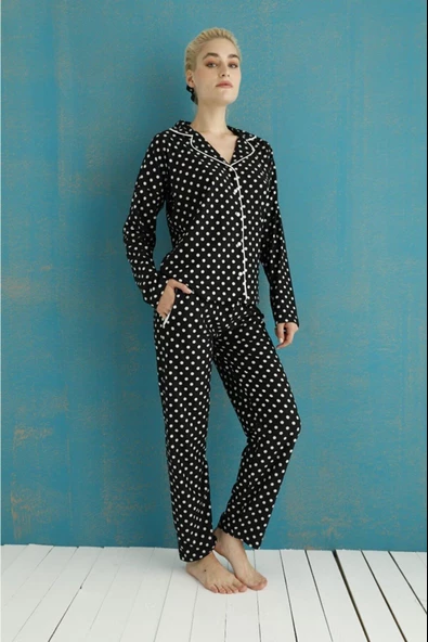 Pijamoni Kadın Süet Boydan Düğmeli Pijama Takımı - 5660-15  Siyah L