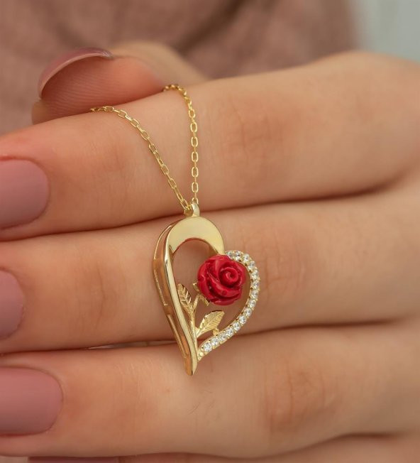 Özel Tasarım Altın Kaplama Kalp İçinde Gül Detaylı 925 Ayar Gümüş Kolye Gold Renk - 4