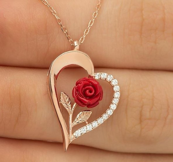 Özel Tasarım Kalp İçinde Gül Detaylı 925 Ayar Gümüş Kolye ROSE ürün görseli 1
