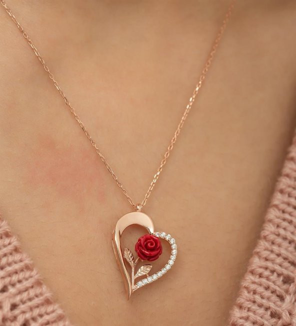 Özel Tasarım Kalp İçinde Gül Detaylı 925 Ayar Gümüş Kolye ROSE - Resim 3