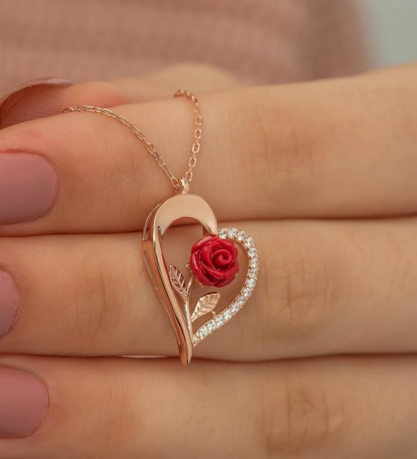 Özel Tasarım Kalp İçinde Gül Detaylı 925 Ayar Gümüş Kolye ROSE - Resim 5
