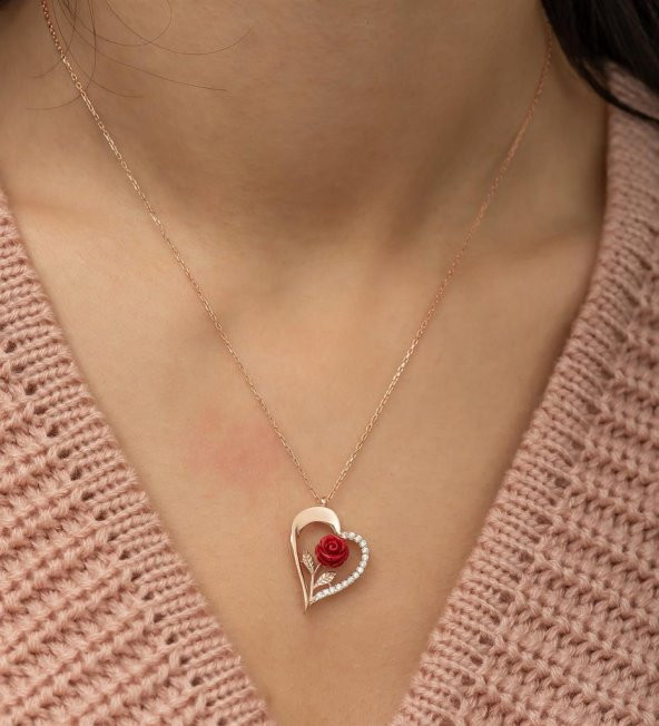 Özel Tasarım Kalp İçinde Gül Detaylı 925 Ayar Gümüş Kolye ROSE - Resim 6