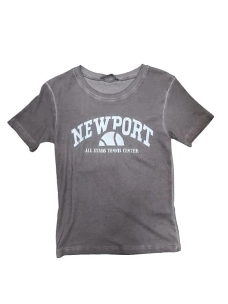 Myzen Kadın Newport Baskılı Yıkamalı Crop T-shirt M-03436 - 3