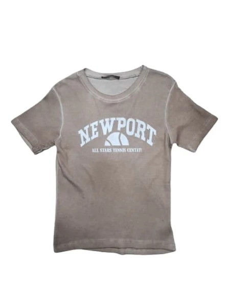 Myzen Kadın Newport Baskılı Yıkamalı Crop T-shirt M-03436 - 5