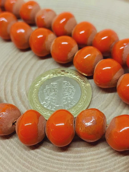 Turuncu Renk Sırlı Seramik Boncuk Dizi 10-12mm/24cm (54130) - Resim 2