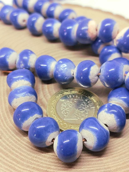 Mavi Renk Sırlı Seramik Boncuk Dizi 10-12mm/24cm (54142) - Resim 2