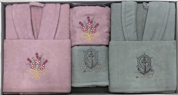 Royam Chıara Kadife Pamuklu Nakışlı 6 Parça Aile Bornoz Seti Bornoz Takımı - 6