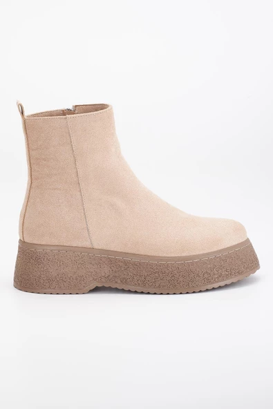 Kadın Bot Nude Kalın Taban Süet Bağsız Yüzüdüz - Resim 3