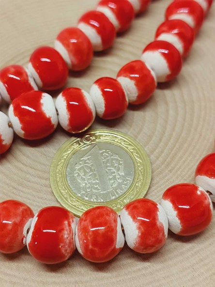 Kırmızı Renk Sırlı Seramik Boncuk Dizi 10-12mm/23cm (54148) - Resim 2