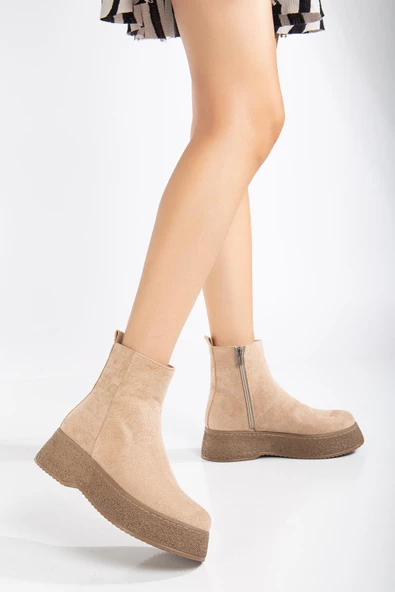 Kadın Bot Nude Kalın Taban Süet Bağsız Yüzüdüz - Resim 2