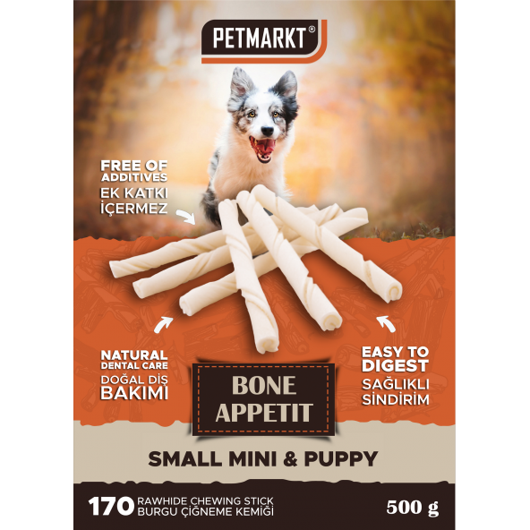 Petmarkt BoneAppetit Small Mini & Puppy Sütlü Burgu Çubuk Köpek Çiğneme Kemiği 500 Gr (170 Adet)