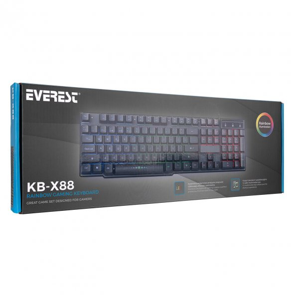 KLAVYE EVEREST KB-X88 BLAST SİYAH USB GÖKKUŞAĞI AYDINLATMALI Q OYUNCU KLAVYESİ - 4