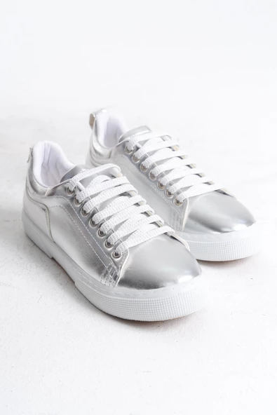 Kadın Metalik Gri Bağcıklı Sneaker Günlük Düz Spor Ayakkabı - 4