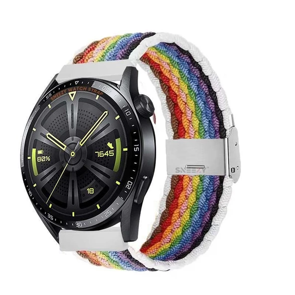 Samsung Galaxy Watch 46mm R800 Watch 3 45mm R840 22mm Uyumlu Metal Klips Solo Fiberlink Örgü Kordon  Beyaz Gökkuşağı