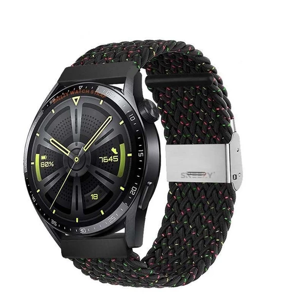 Samsung Gear S3 Frontier R760 - S3 Classic R770 22mm Uyumlu Metal Klips Solo Fiberlink Örgü Kordon  Siyah Gökkuşağı