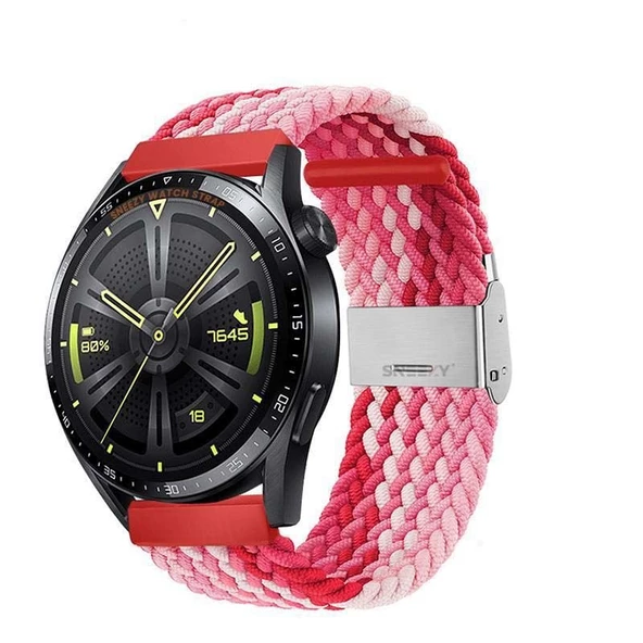 Huawei Watch GT2 Elite-Sport-Classic 46mm-GT2 Pro 22mm Uyumlu Metal Klips Solo Fiberlink Örgü Kordon  Kırmızı Beyaz